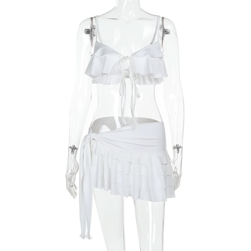 V neck self tie ruffle knotted cami mini skirt set