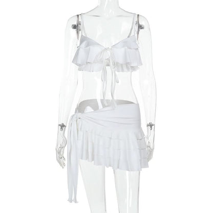V neck self tie ruffle knotted cami mini skirt set