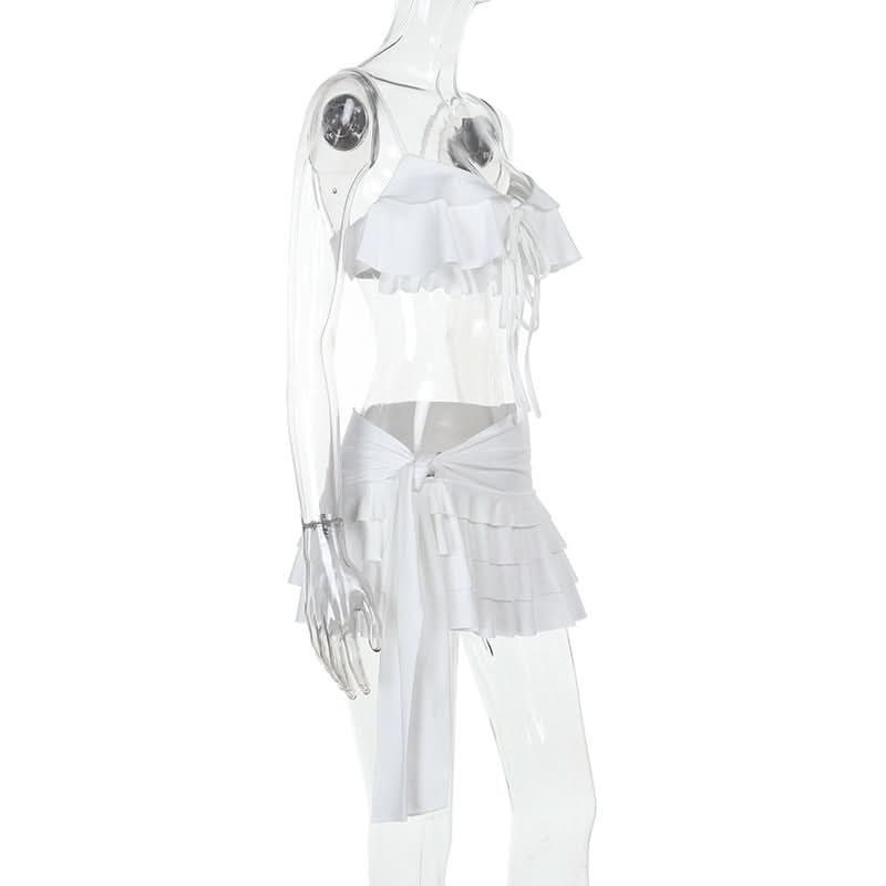 V neck self tie ruffle knotted cami mini skirt set