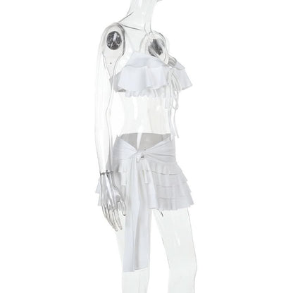 V neck self tie ruffle knotted cami mini skirt set