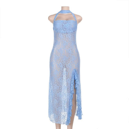 Halter square neck lace see through slit midi dress