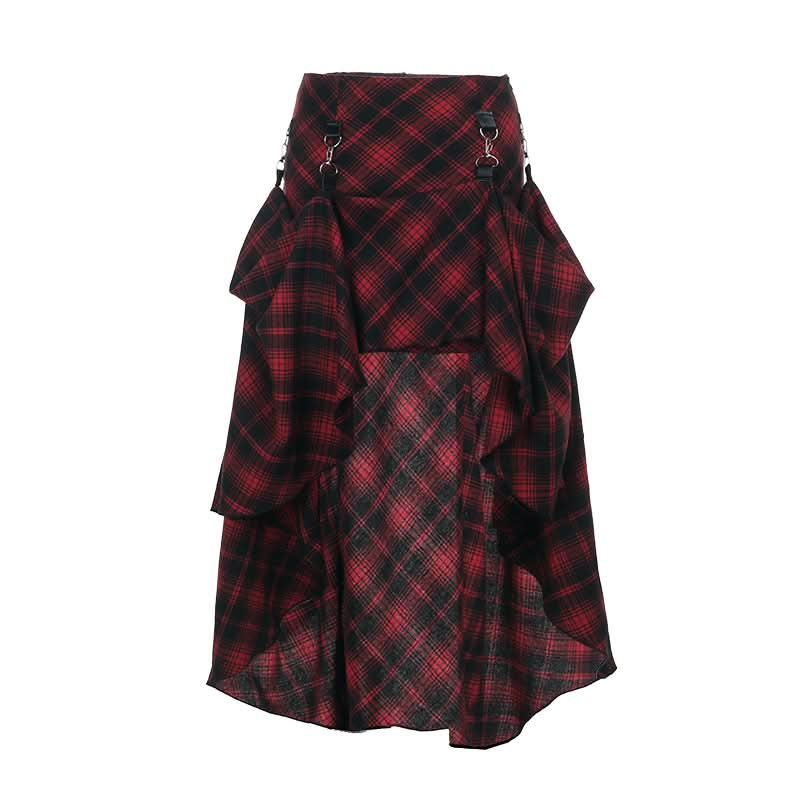 Plaid irregular buckle contrast maxi skirt
