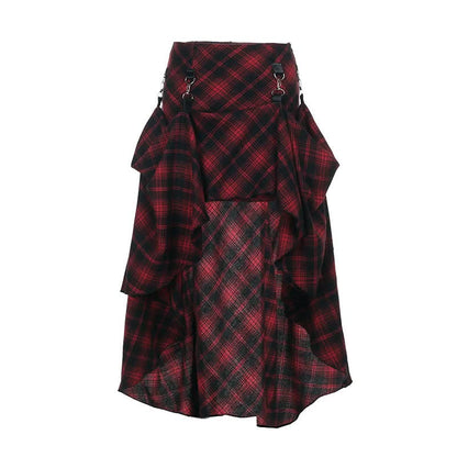 Plaid irregular buckle contrast maxi skirt
