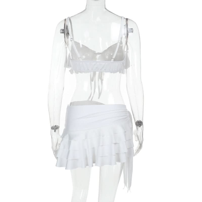 V neck self tie ruffle knotted cami mini skirt set