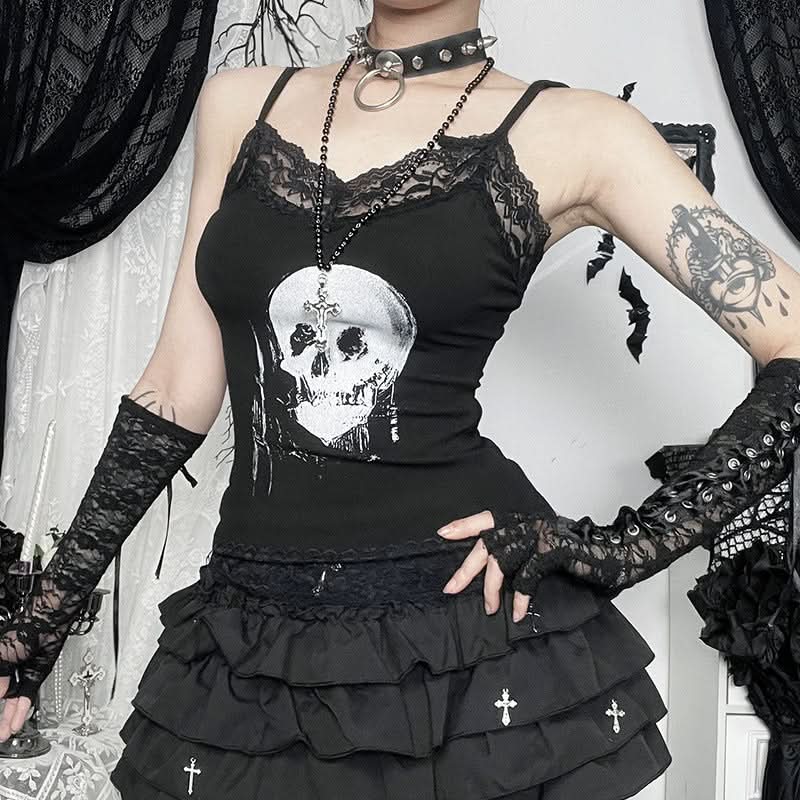 Lace hem v neck skull pattern cami top