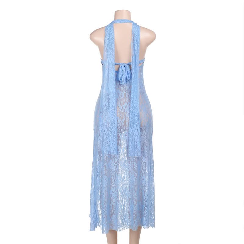 Halter square neck lace see through slit midi dress