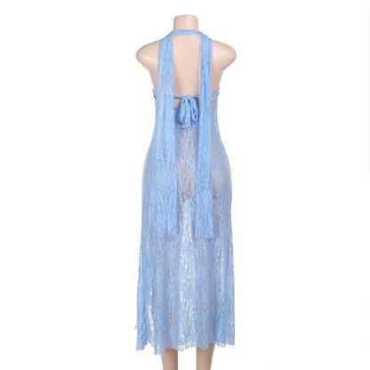 Halter square neck lace see through slit midi dress