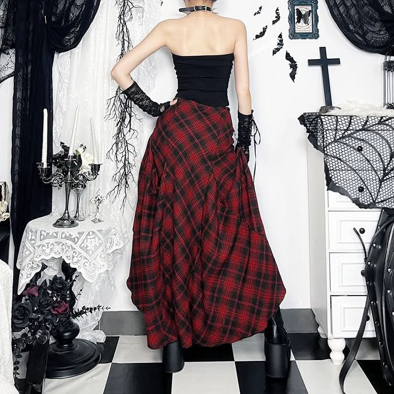 Plaid irregular buckle contrast maxi skirt