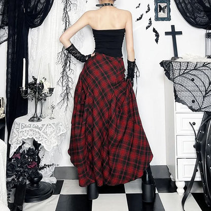Plaid irregular buckle contrast maxi skirt