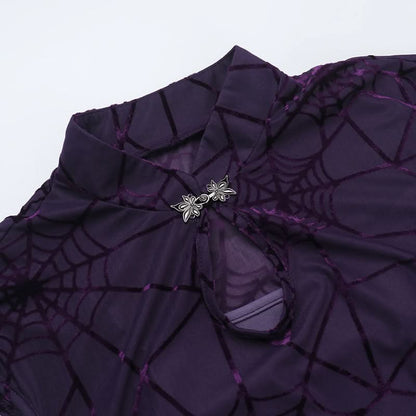 Hollow out spider web print slit v neck cut out maxi dress