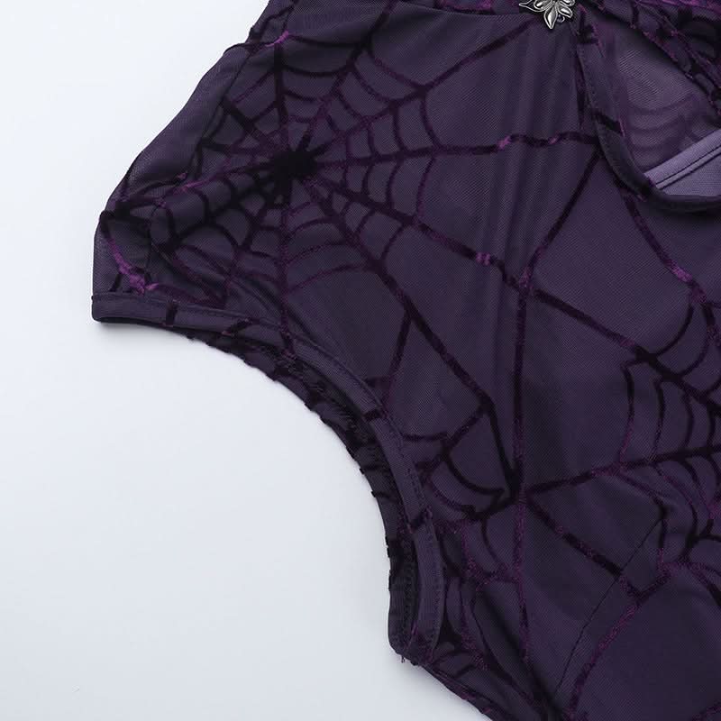 Hollow out spider web print slit v neck cut out maxi dress