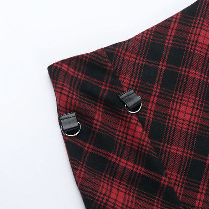 Plaid irregular buckle contrast maxi skirt