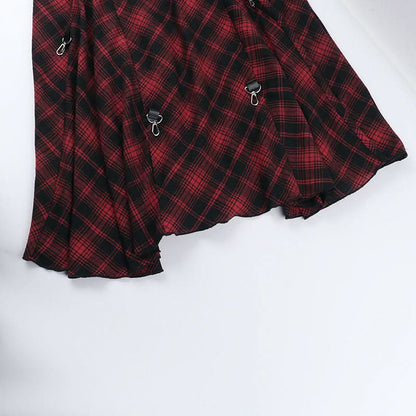 Plaid irregular buckle contrast maxi skirt