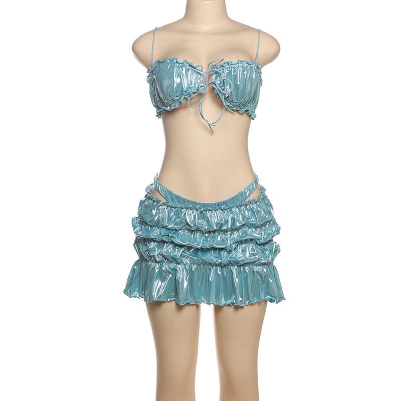 Ruched metallic ruffle self tie 3 piece mini skirt set