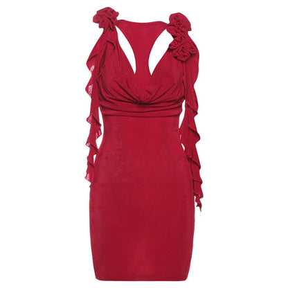 Cowl neck flower applique solid mini dress