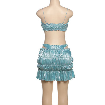 Ruched metallic ruffle self tie 3 piece mini skirt set
