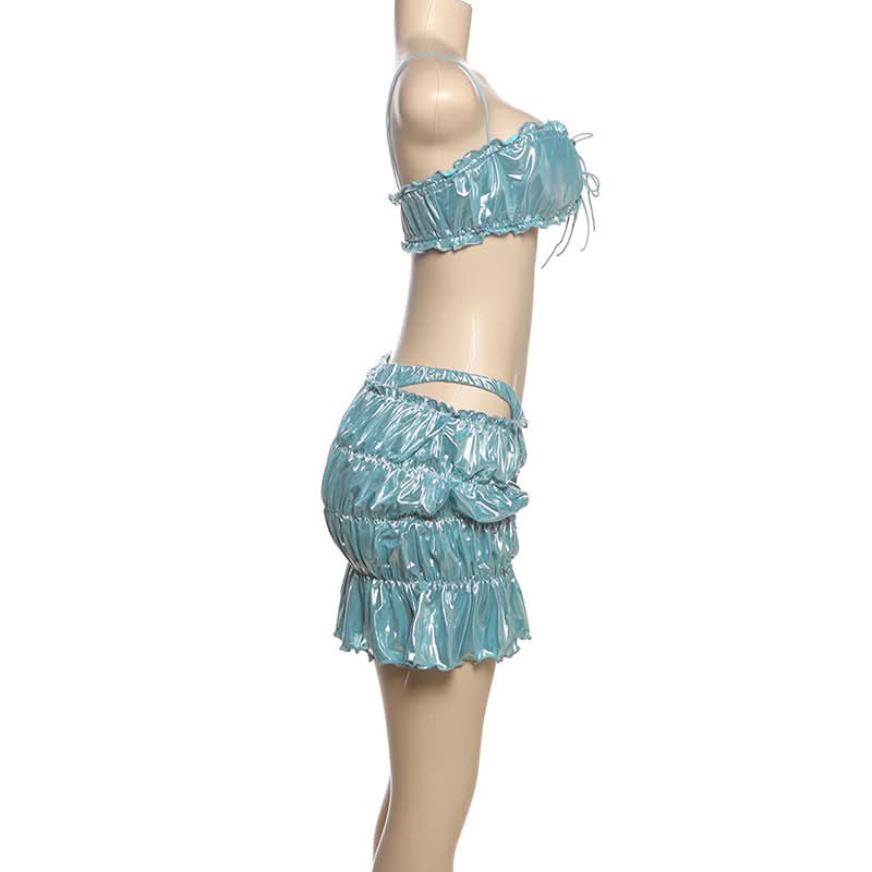 Ruched metallic ruffle self tie 3 piece mini skirt set