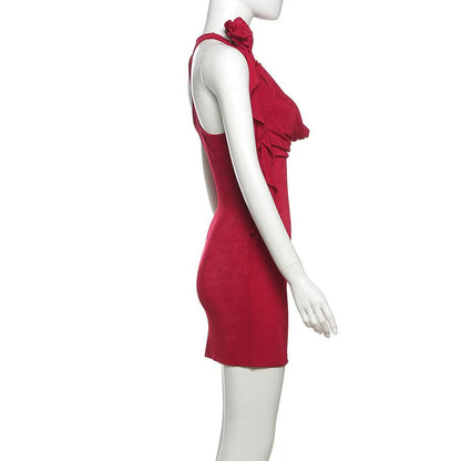 Cowl neck flower applique solid mini dress