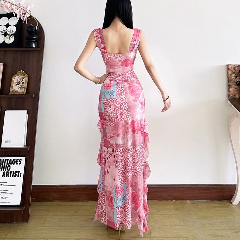 Slit print ruffle v neck tank maxi dress