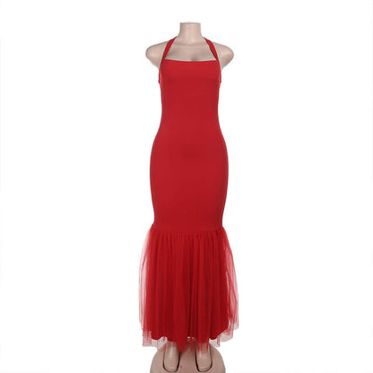 Halter self tie square neck ruched backless maxi dress