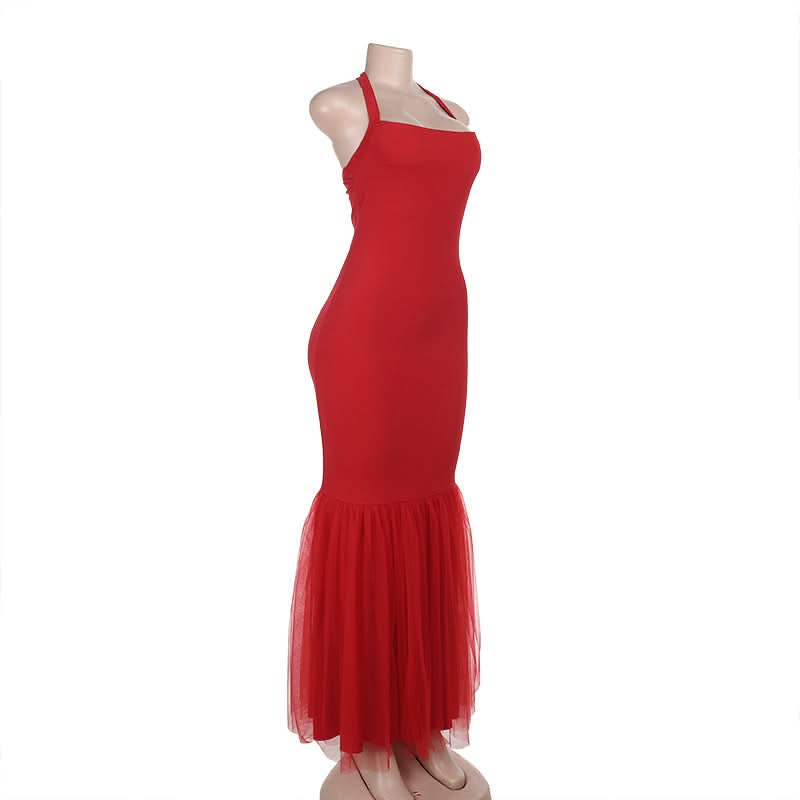 Halter self tie square neck ruched backless maxi dress