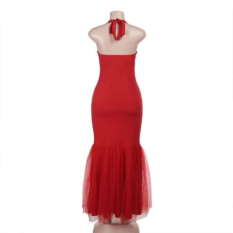 Halter self tie square neck ruched backless maxi dress