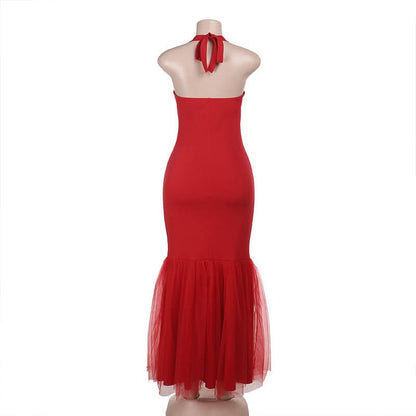 Halter self tie square neck ruched backless maxi dress