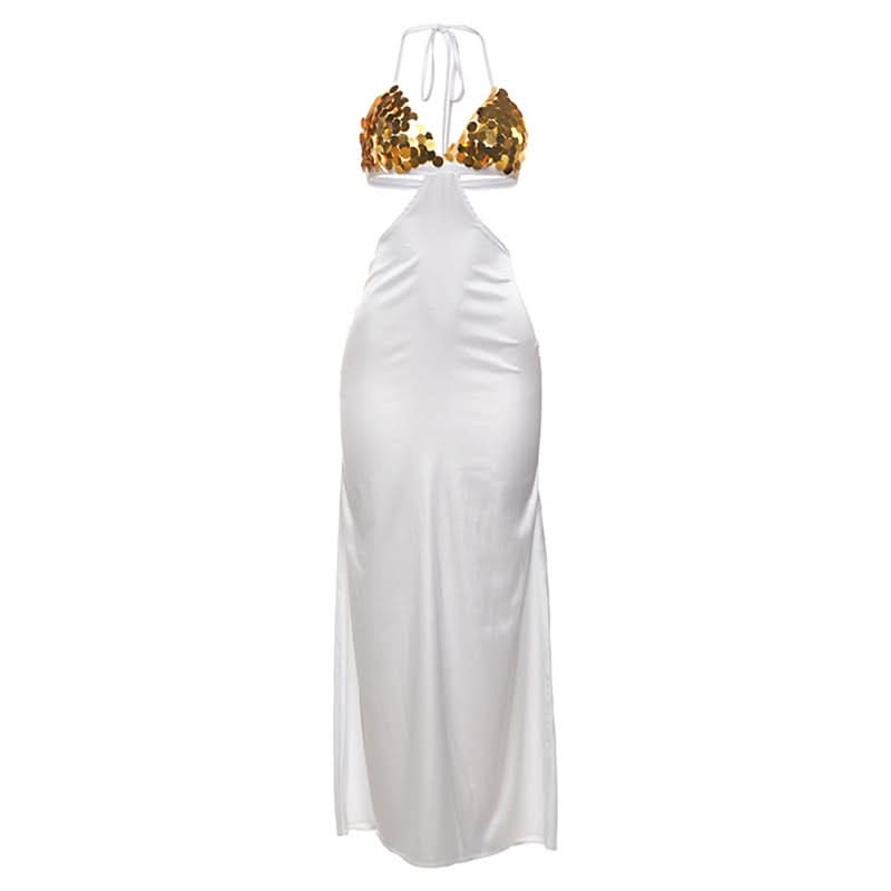 Glitter v neck zip-up halter self tie maxi dress