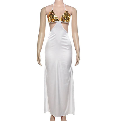 Glitter v neck zip-up halter self tie maxi dress