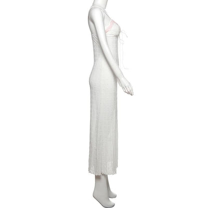 Lace hem v neck textured spaghetti strap midi dress