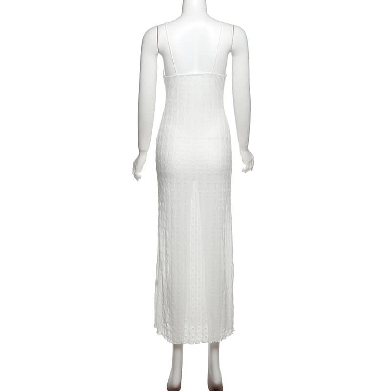 Lace hem v neck textured spaghetti strap midi dress