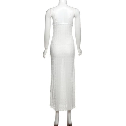 Lace hem v neck textured spaghetti strap midi dress