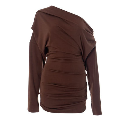One shoulder long sleeve ruched mini dress
