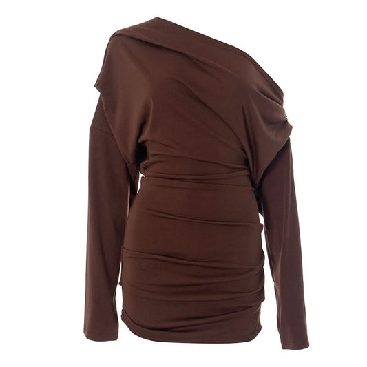 One shoulder long sleeve ruched mini dress