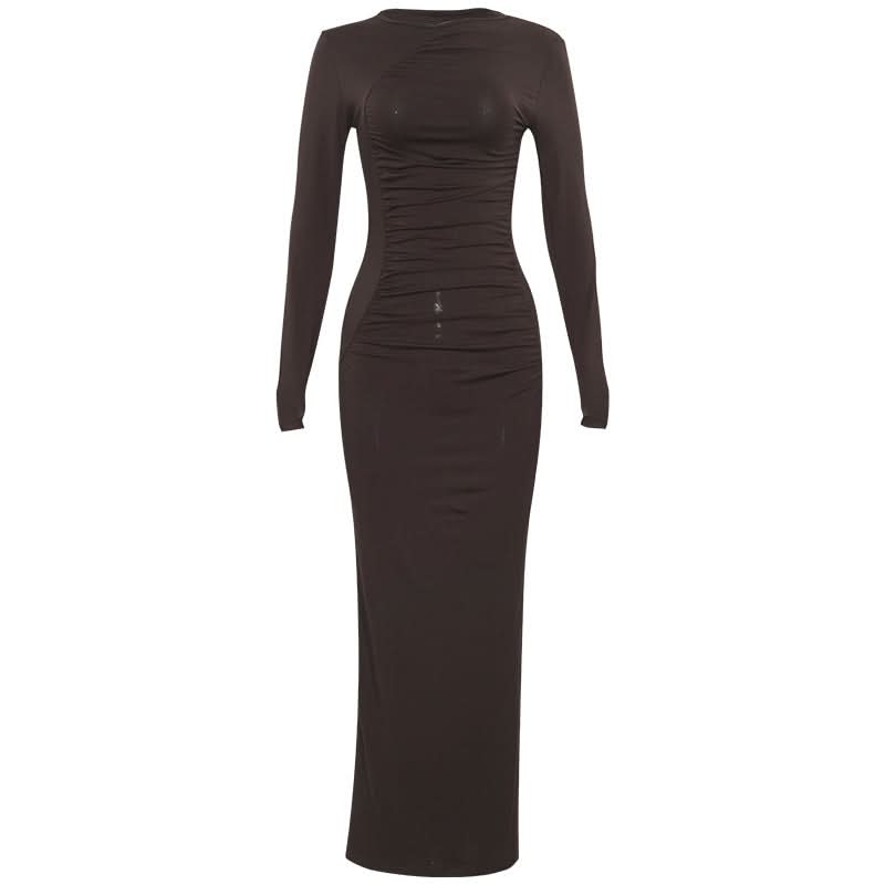 Crewneck long sleeve ruched solid maxi dress