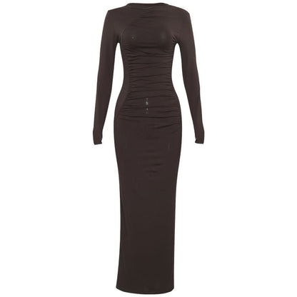 Crewneck long sleeve ruched solid maxi dress