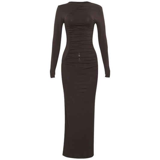Crewneck long sleeve ruched solid maxi dress