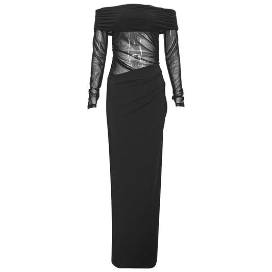 Off shoulder long sleeve mesh maxi dress