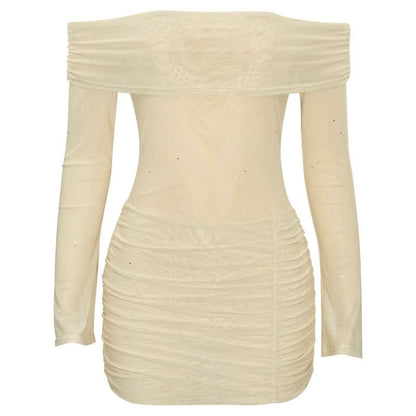 Long sleeve off shoulder glitter mesh ruched mini dress