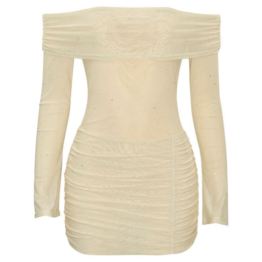 Long sleeve off shoulder glitter mesh ruched mini dress