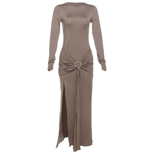 Crewneck long sleeve ruched slit maxi dress