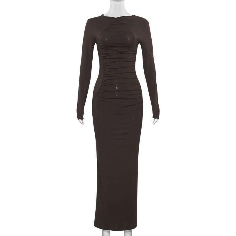 Crewneck long sleeve ruched solid maxi dress