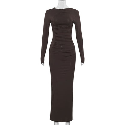 Crewneck long sleeve ruched solid maxi dress