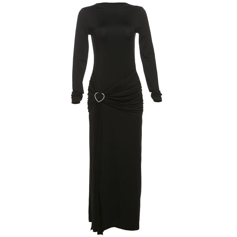 Crewneck long sleeve ruched slit maxi dress