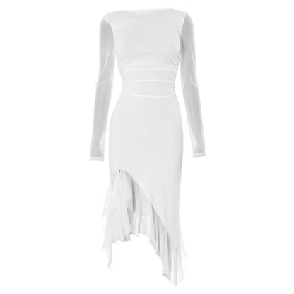 Long sleeve mesh patchwork ruffle midi dress