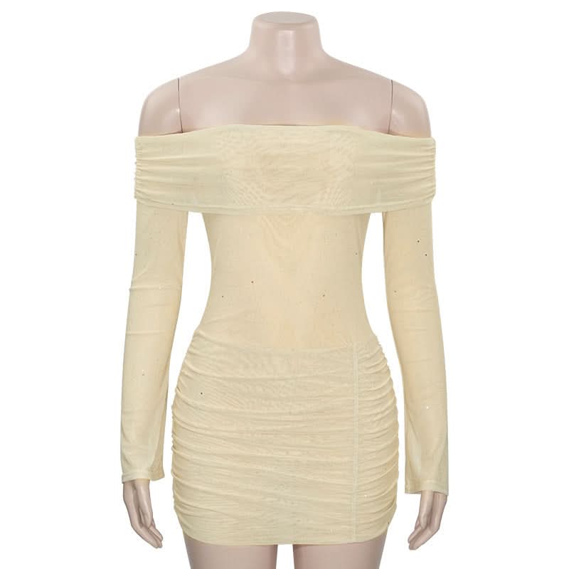 Long sleeve off shoulder glitter mesh ruched mini dress
