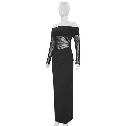 Off shoulder long sleeve mesh maxi dress