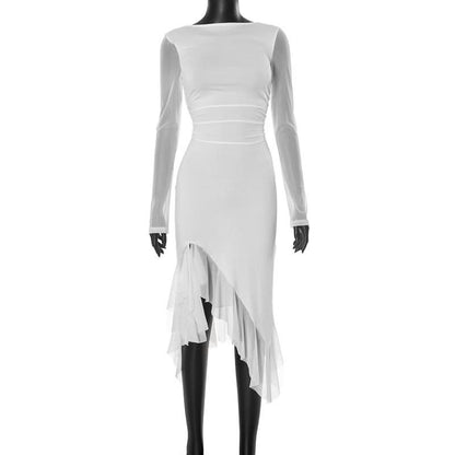 Long sleeve mesh patchwork ruffle midi dress