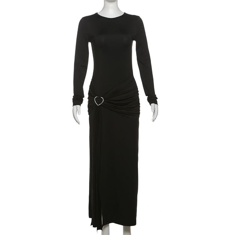 Crewneck long sleeve ruched slit maxi dress