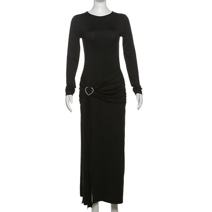 Crewneck long sleeve ruched slit maxi dress